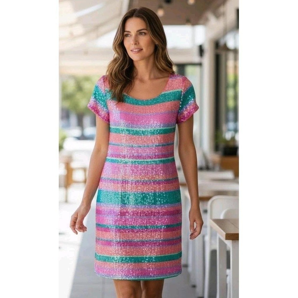 Pink Teal Striped Sequin Short Sleeve Scoop Back Mini Shift Dress